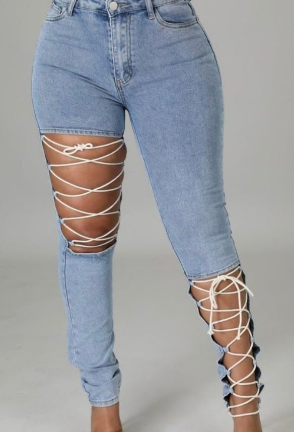 Laced Denim Cutout Skinny Jeans